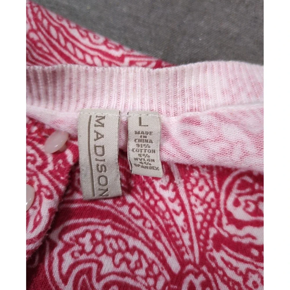 Madison Red Paisley Cardigan 3/4 Sleeve Thin Fine Knit Womens Sz L Sweater Layer